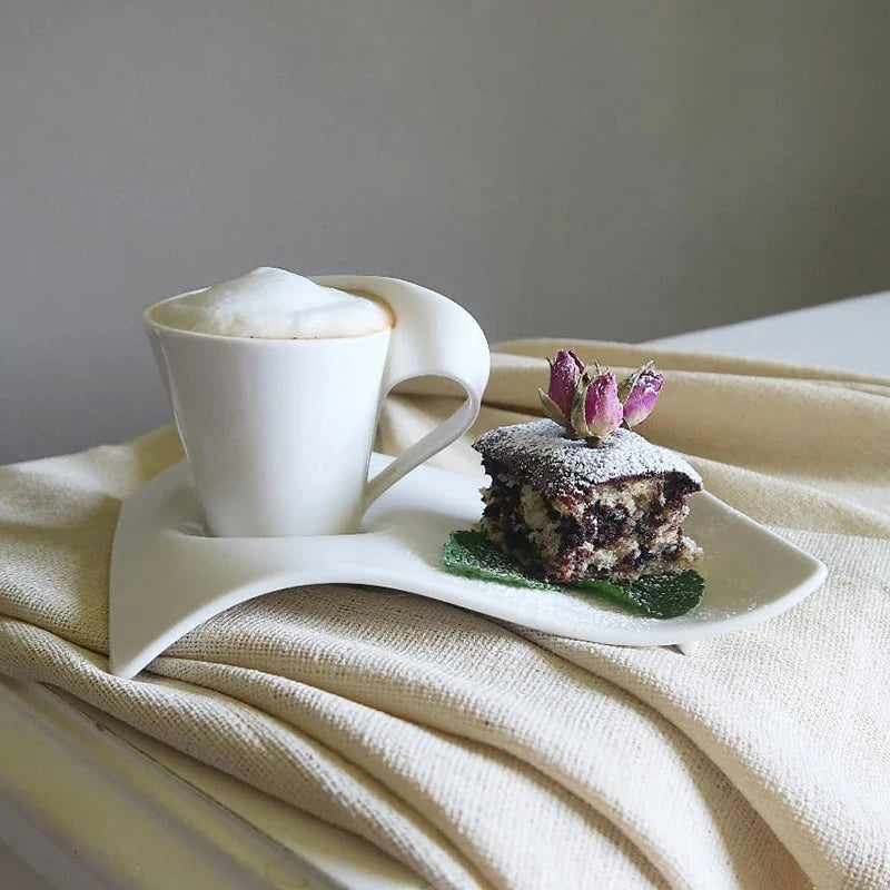 Dalfin™ White Porcelain Wavy Coffee Cup and Plate Set