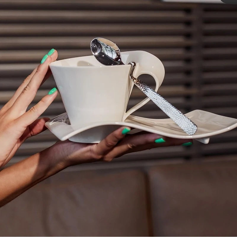 Dalfin™ White Porcelain Wavy Coffee Cup and Plate Set