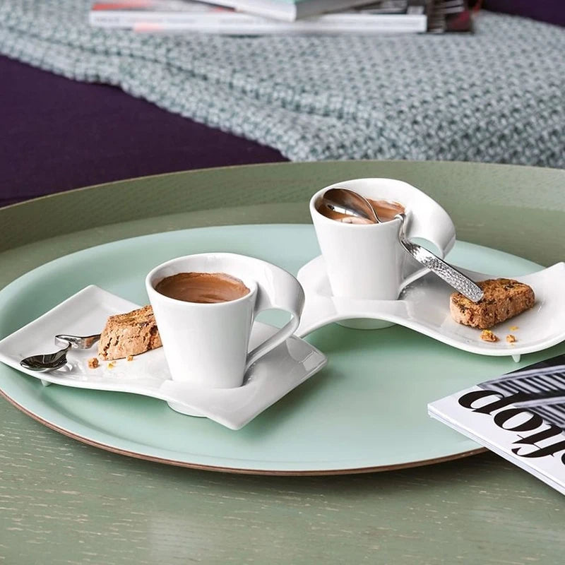 Dalfin™ White Porcelain Wavy Coffee Cup and Plate Set