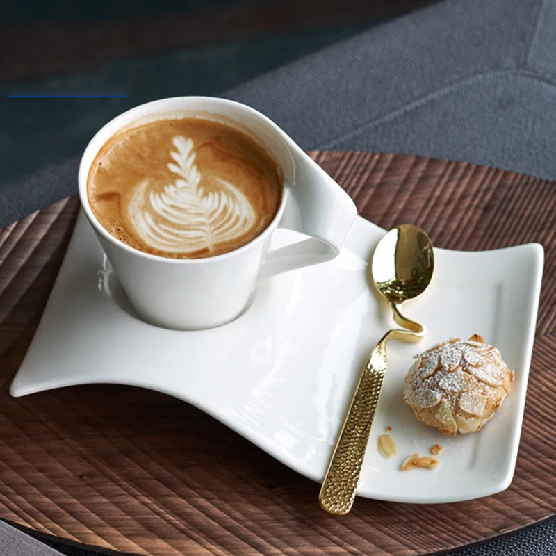 Dalfin™ White Porcelain Wavy Coffee Cup and Plate Set